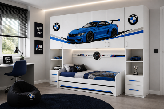 BMW Racing Garage Room – Cameretta a Ponte Racing Style con Letto Estraibile