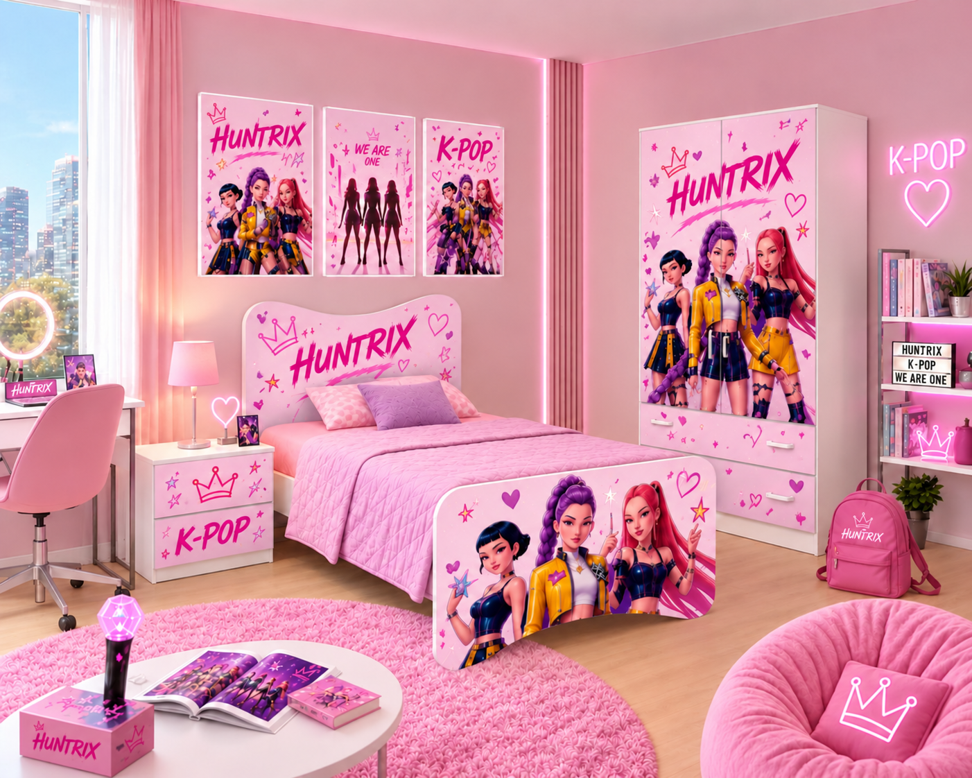 Cameretta Huntrix  K-Pop con Letto Singolo, Armadio 2 Ante e Comodino