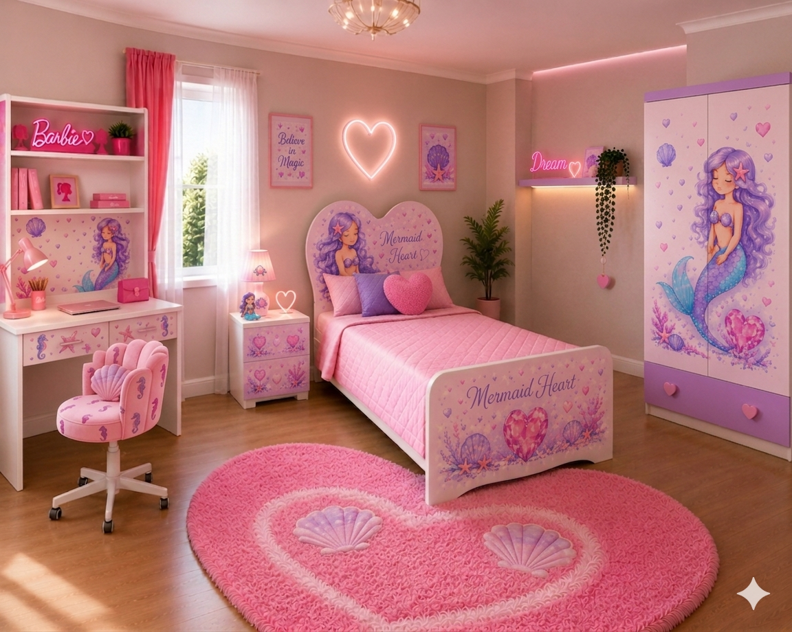 Cameretta Mermaid Heart Dream – Set Camera Completa Sirenetta Rosa Lilla con Letto Cuore
