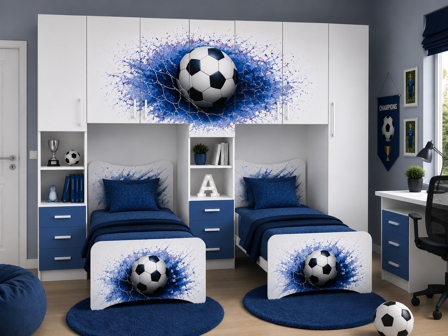 Cameretta a Ponte 2 Letti Calcio Splash – Varianti Blu, Gold e Grigio