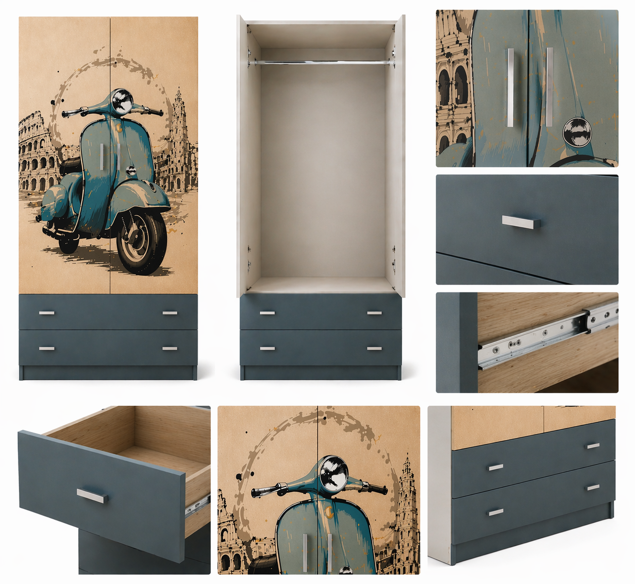 Italian Vintage Wardrobe – Armadio 2 Ante con 2 Cassettoni