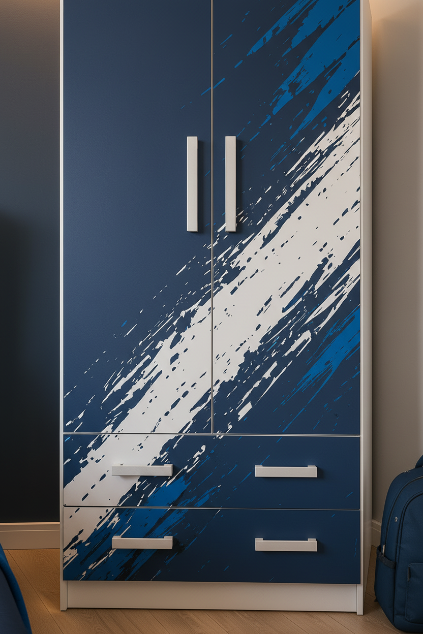 Cameretta Calcio Goal Blue – Letto Calcio Moderno con Armadio e Comodino Grafica Sport Blu Premium