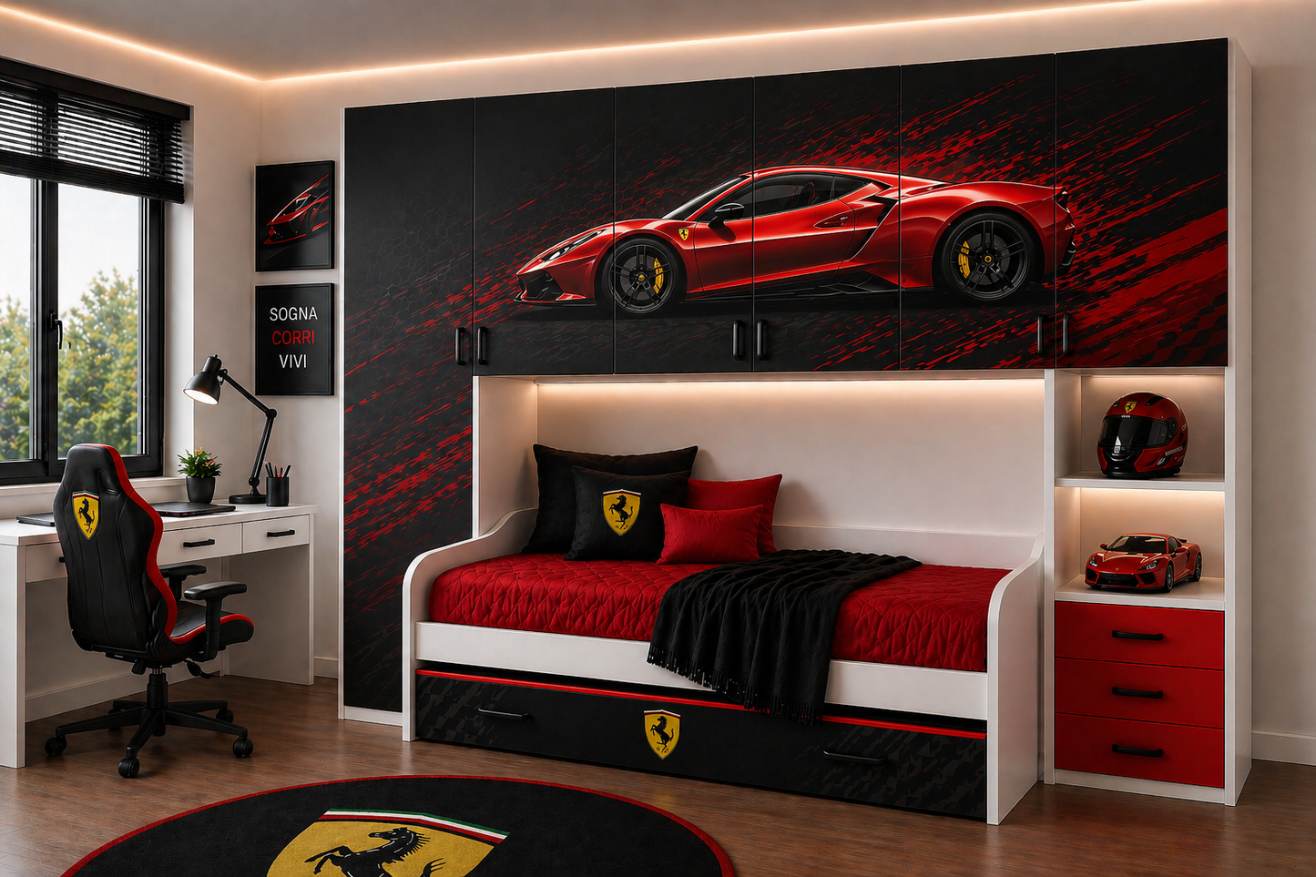 🏎️ Nome prodotto:
Velocity Red Luxury Room – Cameretta Racing Premium
