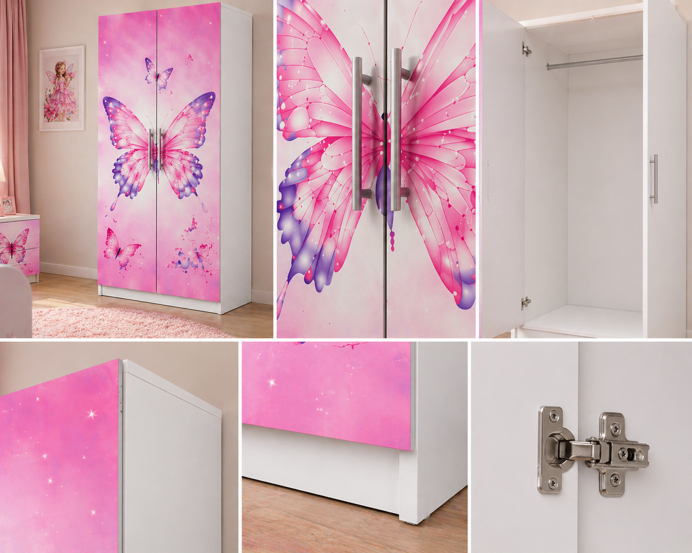 Butterfly Dream Luxury Wardrobe – Armadio Farfalle Rosa 2 Ante 2 Cassetti per Cameretta Bambina