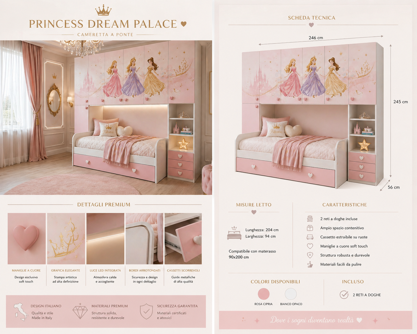 👑 Princess Dream Palace – Cameretta a Ponte Luxury Princess