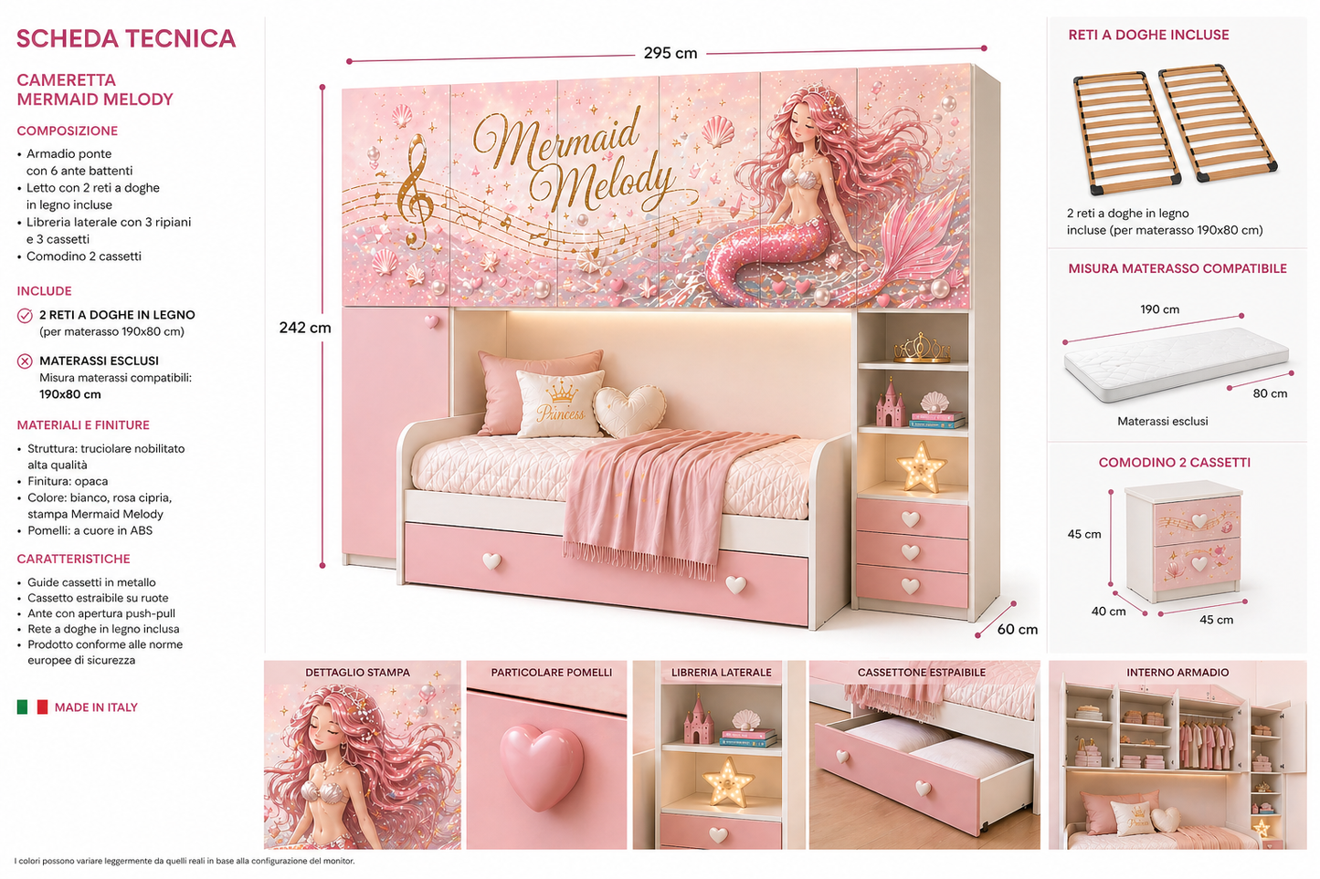 Cameretta a Ponte Mermaid Melody – Camera Sirena Luxury Rosa Cipria con 2 Letti e Armadio Ponte Premium
