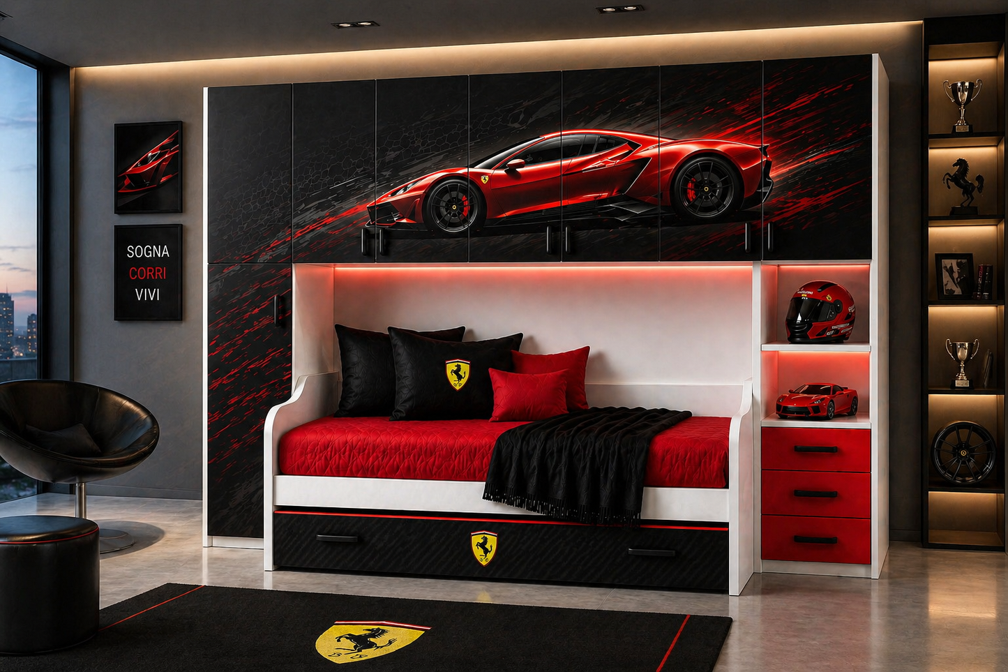 🏎️ Nome prodotto:
Velocity Red Luxury Room – Cameretta Racing Premium