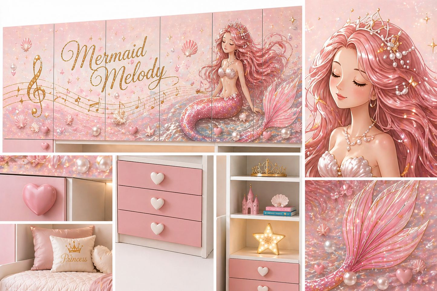 Cameretta a Ponte Mermaid Melody – Camera Sirena Luxury Rosa Cipria con 2 Letti e Armadio Ponte Premium