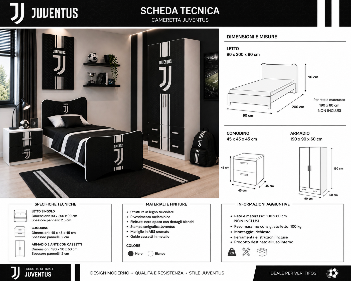 Cameretta Juventus Black Edition – Letto Singolo, Armadio e Comodino