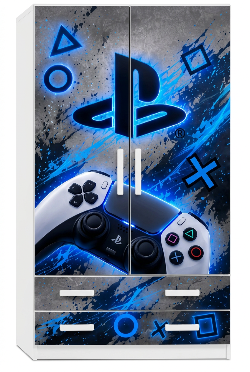 Cameretta PlayStation Gaming – Armadio 2 Ante, Letto Singolo e Comodino | Grigio & Blu