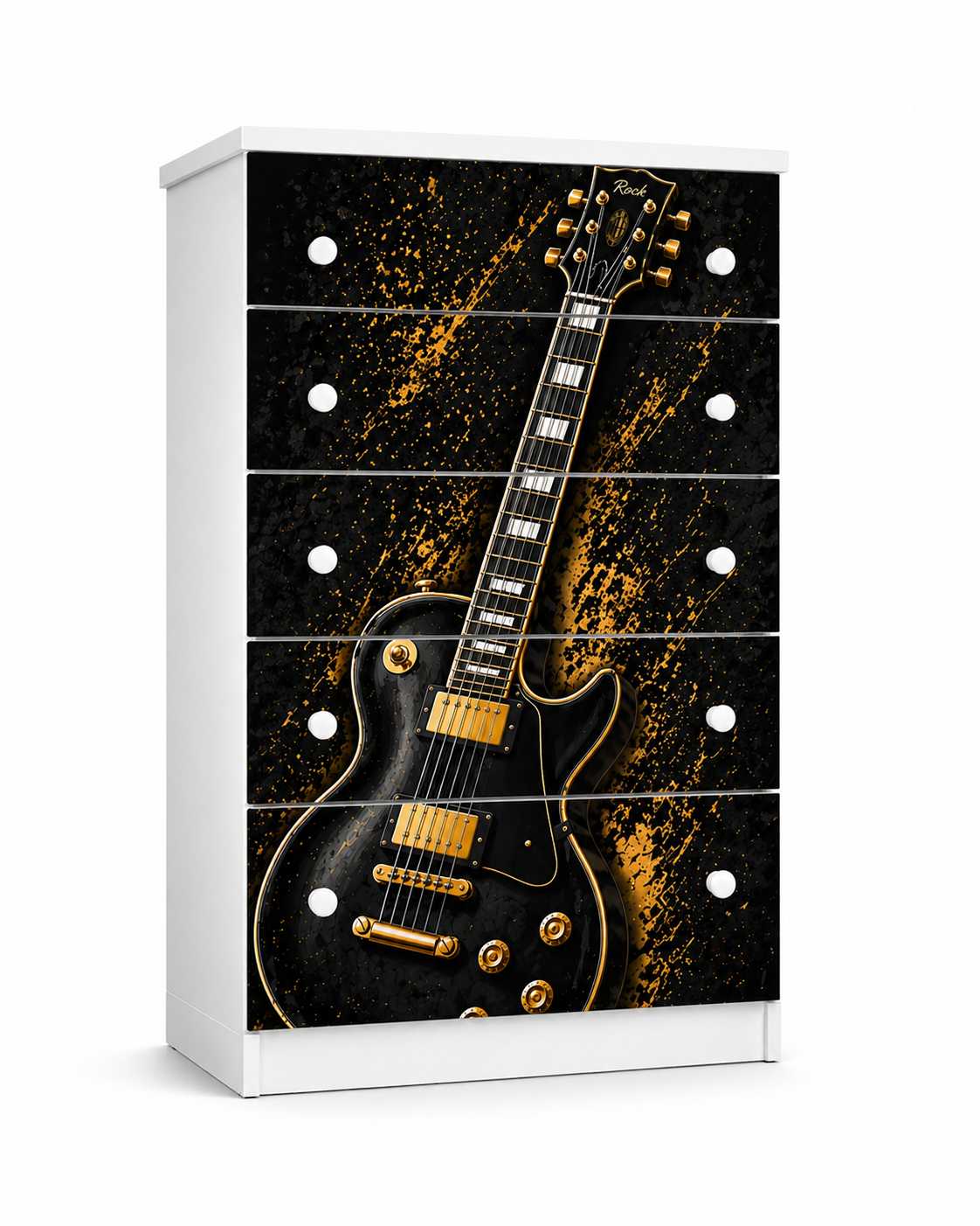 Rock Legend Room – Cassettiera 5 Cassetti Tema Chitarra Black & Gold per Cameretta Ragazzi