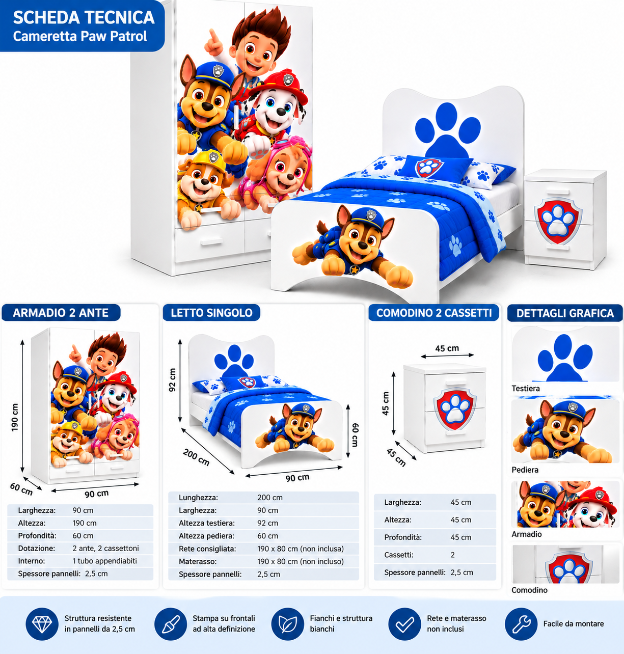 🐾 Cameretta Paw Patrol Completa – Letto Singolo, Armadio 2 Ante e Comodino | Made in Italy