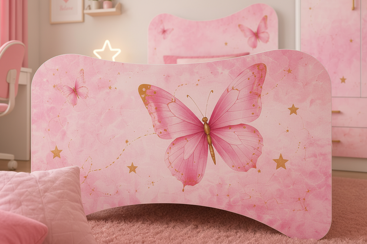 Cameretta a Ponte Dream Butterfly Bianca e Rosa con 2 Letti e Grafica Farfalle Luxury – 295x242 cm