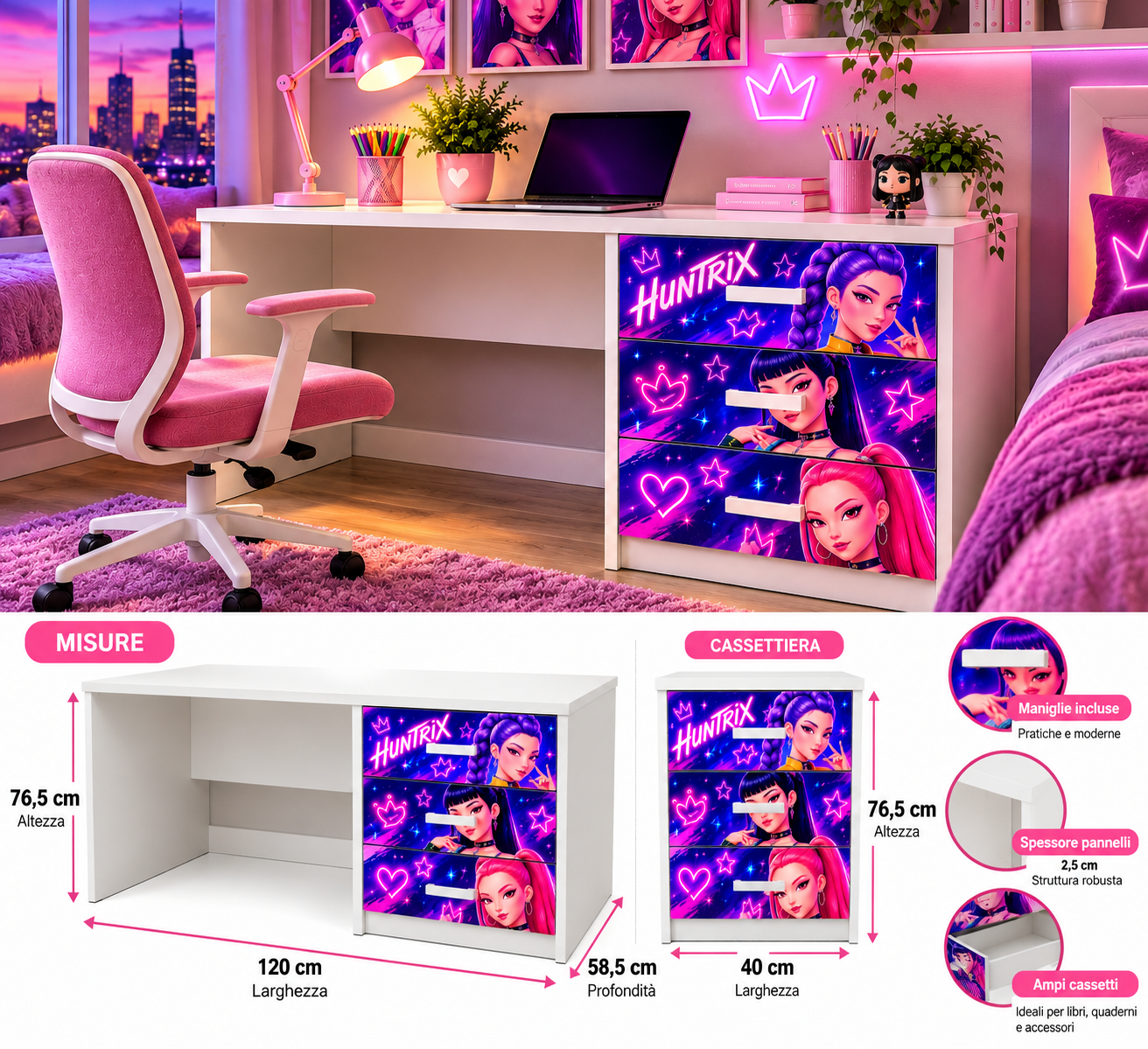 Scrivania Huntrix K-Pop con Cassettiera 3 cassetti