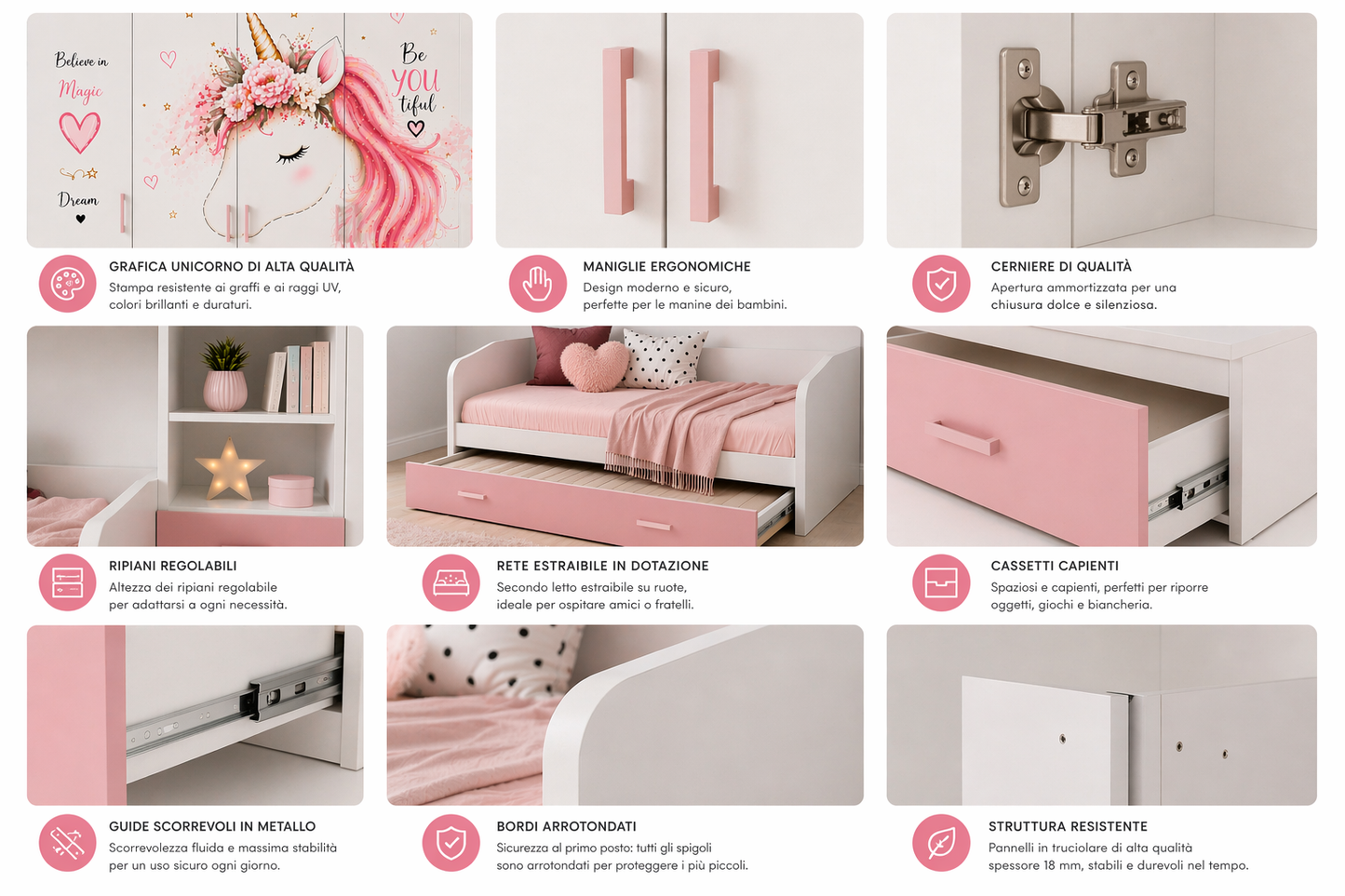 Cameretta a Ponte Unicorno 294 cm Premium con Letto Estraibile – Sogni di Unicorno