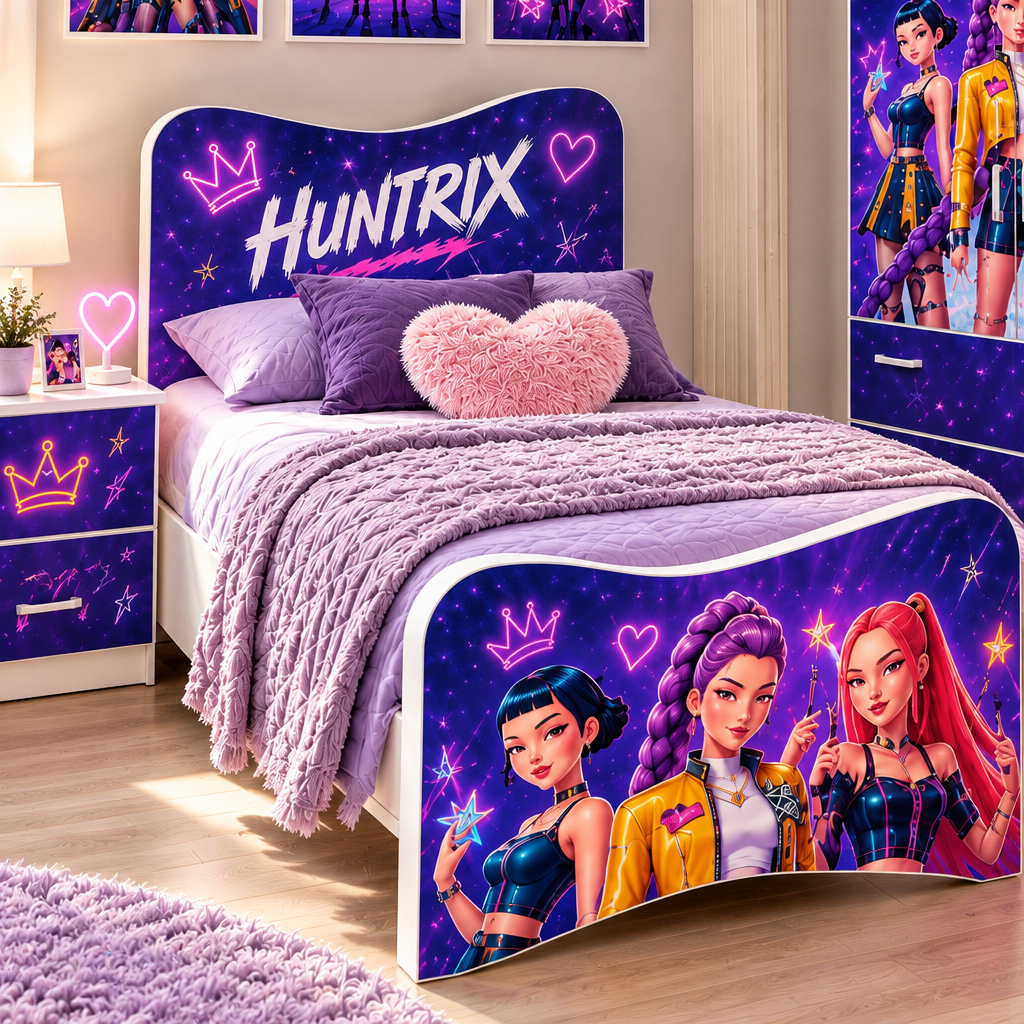 Camera Ragazza Huntrix K-Pop Galaxy – Set Letto, Comodino e Armadio 2 Ante Design Neon Premium
