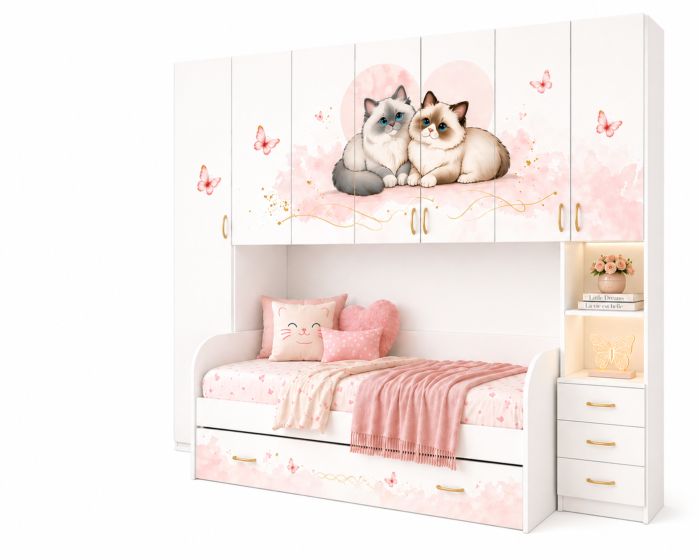 Camera per bambina con ponte bianco e decorazione gattini kawaii farfalle e dettagli oro