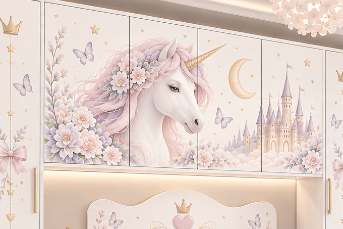 Cameretta a Ponte Unicorn Dream Luxury – Letto 1 Piazza e Mezza, Comodino e Scrivania con Libreria