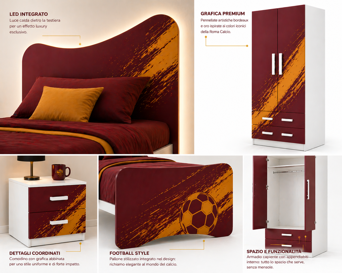Roma Legacy Football Room – Cameretta Calcio Luxury Bordeaux Oro con Letto, Comodino e Armadio