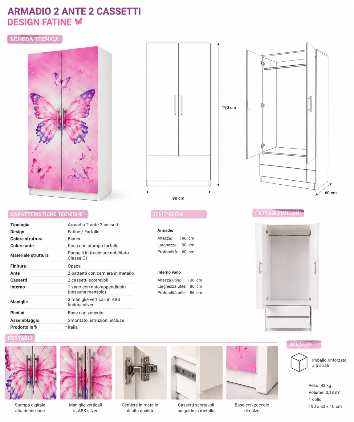 Butterfly Dream Luxury Wardrobe – Armadio Farfalle Rosa 2 Ante 2 Cassetti per Cameretta Bambina
