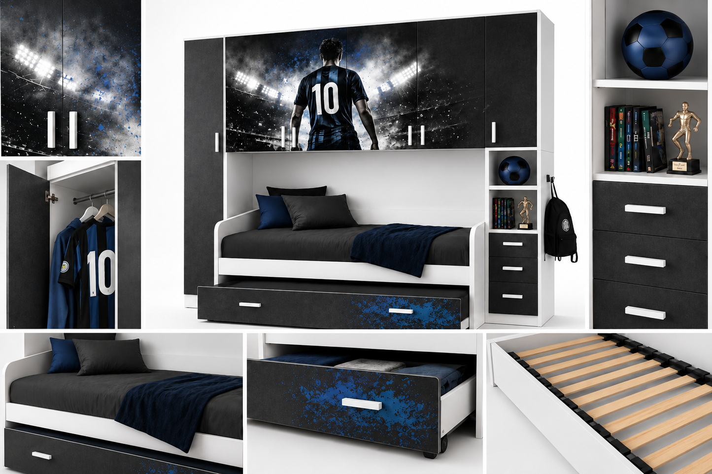Cameretta a Ponte Champion Collection – Tema Calcio Blu/Nero con 2 Letti Estraibili e 2 Reti Incluse