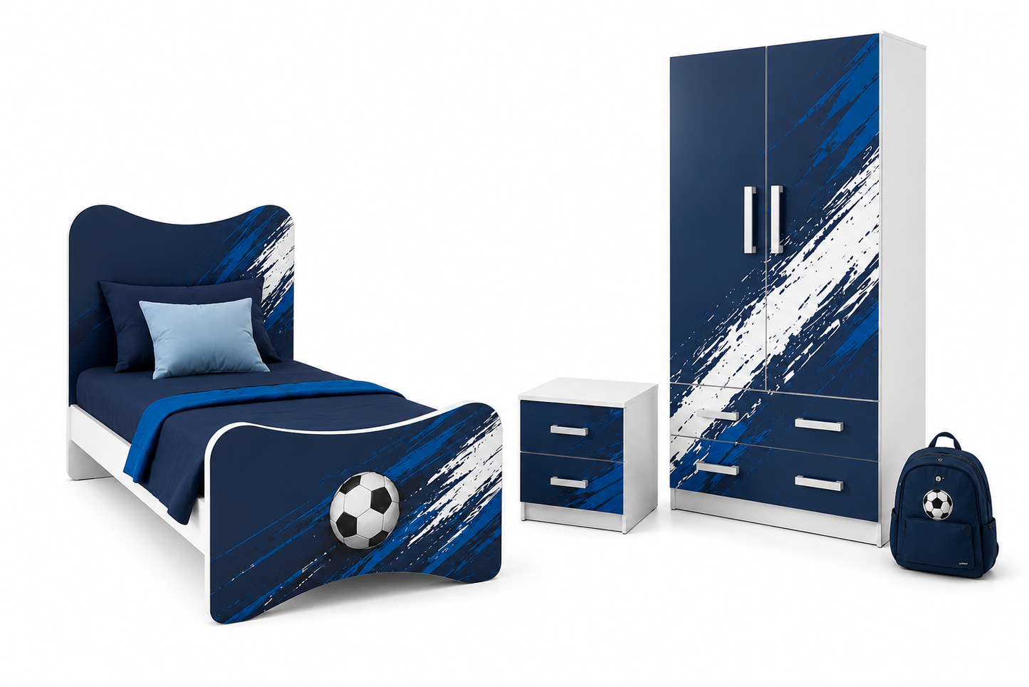 Cameretta Calcio Goal Blue – Letto Calcio Moderno con Armadio e Comodino Grafica Sport Blu Premium