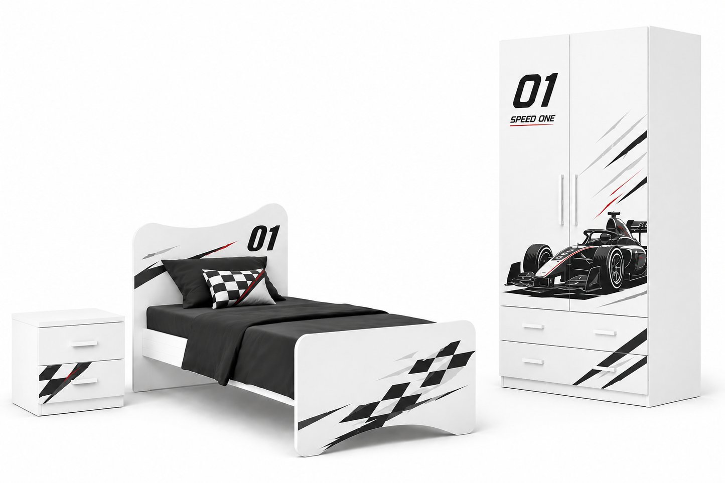 Cameretta Formula Racing 01 – Set Camera Bambino con Armadio, Letto e Comodino Design Formula 1 Moderno