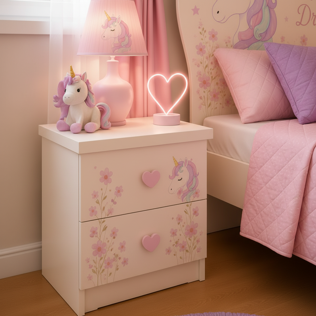 Cameretta Unicorn Heart – Letto Cuore con Armadio e Comodino Fantasy Rosa Lilla