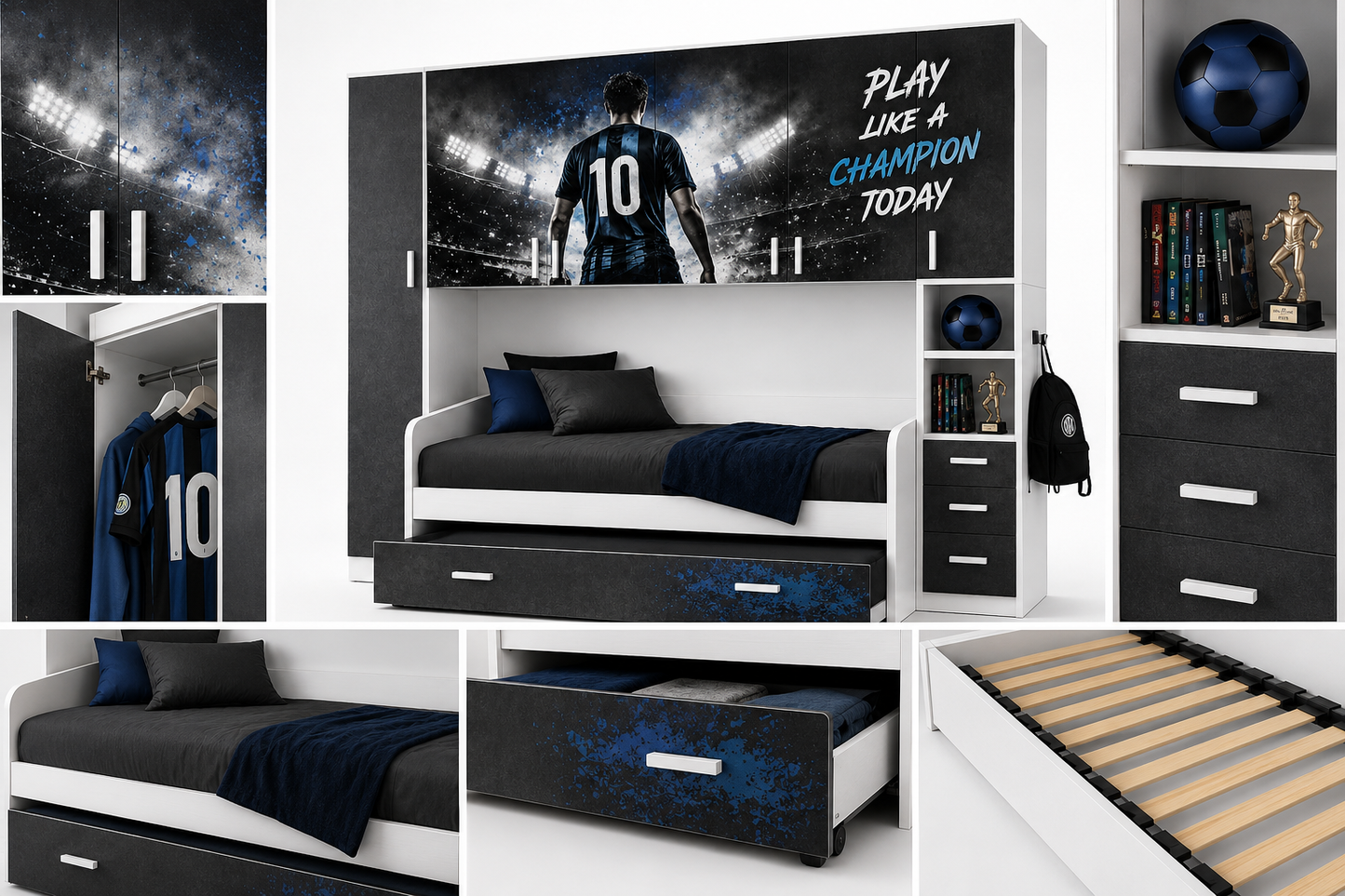 Cameretta a Ponte Champion Collection – Tema Calcio Blu/Nero con 2 Letti Estraibili e 2 Reti Incluse