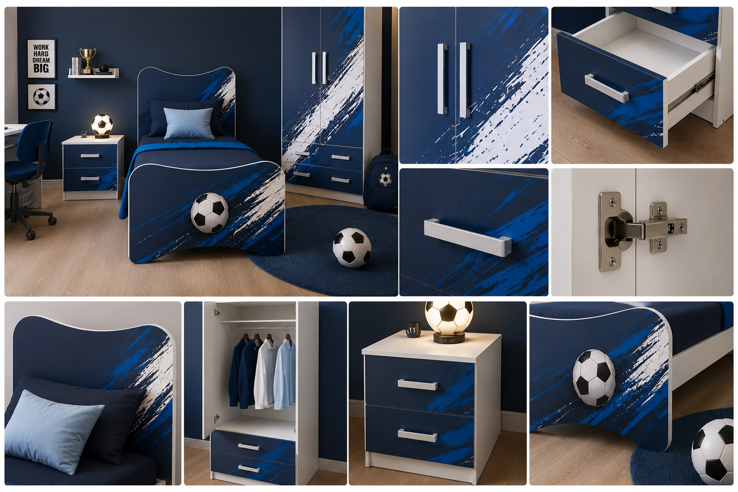 Cameretta Calcio Goal Blue – Letto Calcio Moderno con Armadio e Comodino Grafica Sport Blu Premium