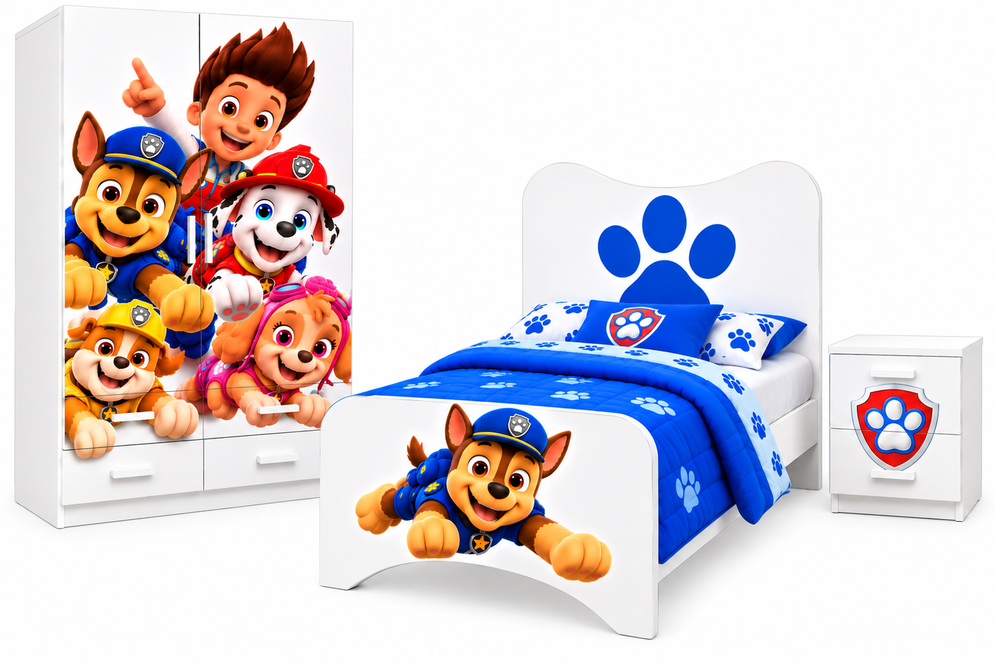 🐾 Cameretta Paw Patrol Completa – Letto Singolo, Armadio 2 Ante e Comodino | Made in Italy