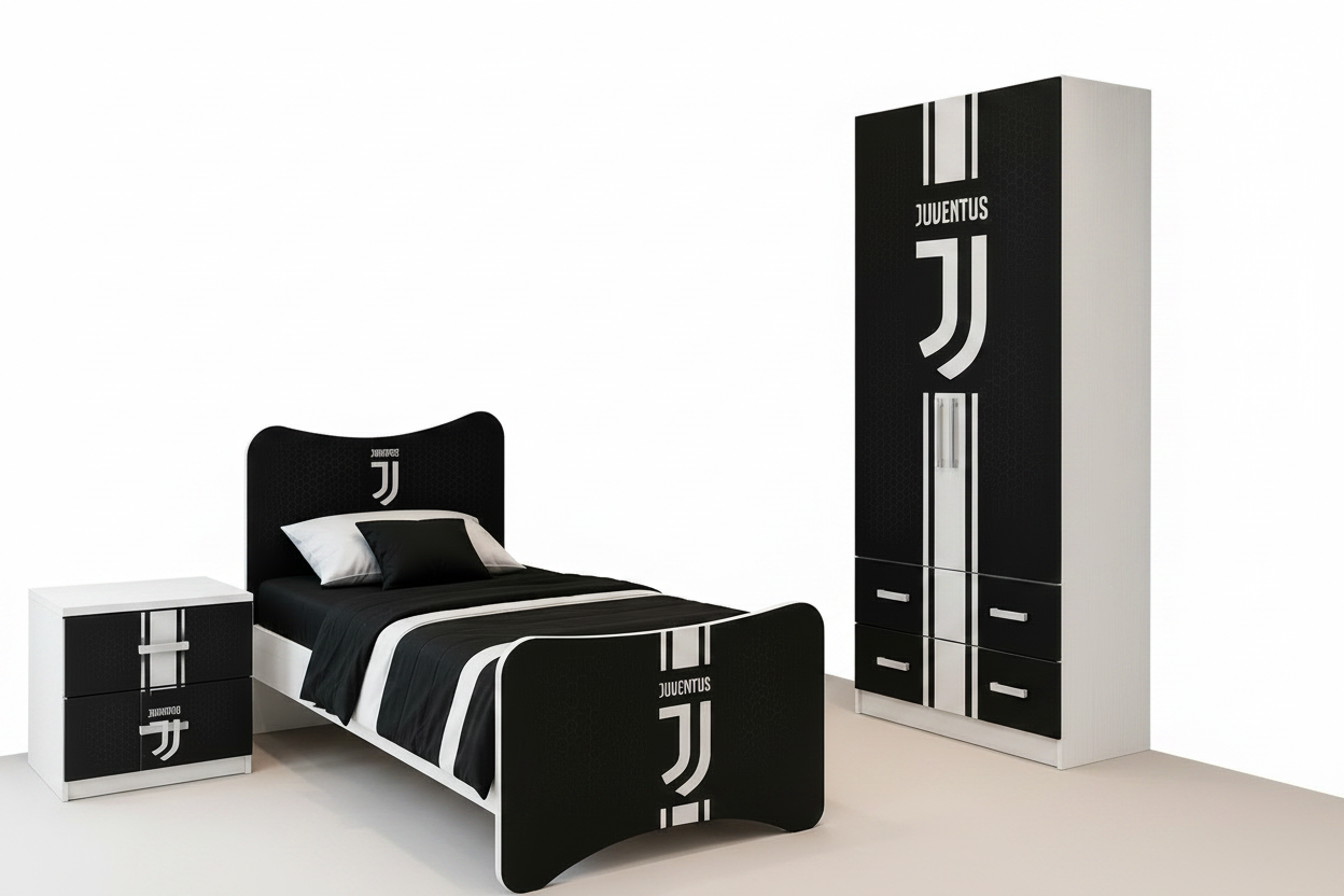 Cameretta Juventus Black Edition – Letto Singolo, Armadio e Comodino