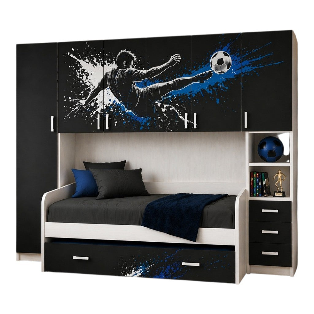 Cameretta a Ponte Champion Collection – Tema Calcio Blu/Nero con 2 Letti Estraibili e 2 Reti Incluse