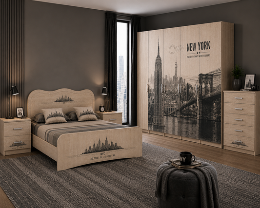 New York Urban Loft – Camera Matrimoniale Completa 6 Ante in Olmo con Letto Skyline NYC