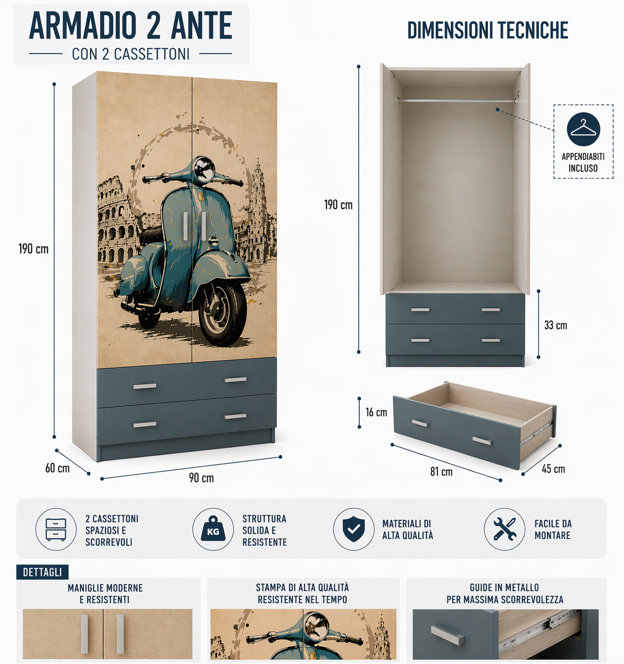 Italian Vintage Wardrobe – Armadio 2 Ante con 2 Cassettoni