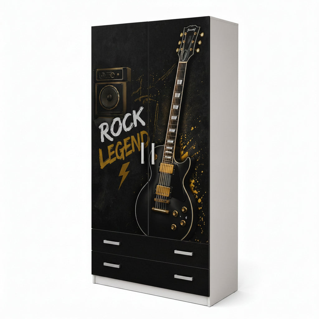 Armadio Rock Legend – Armadio 2 Ante con Cassetti Design Chitarra Rock Black Gold per Cameretta Ragazzo