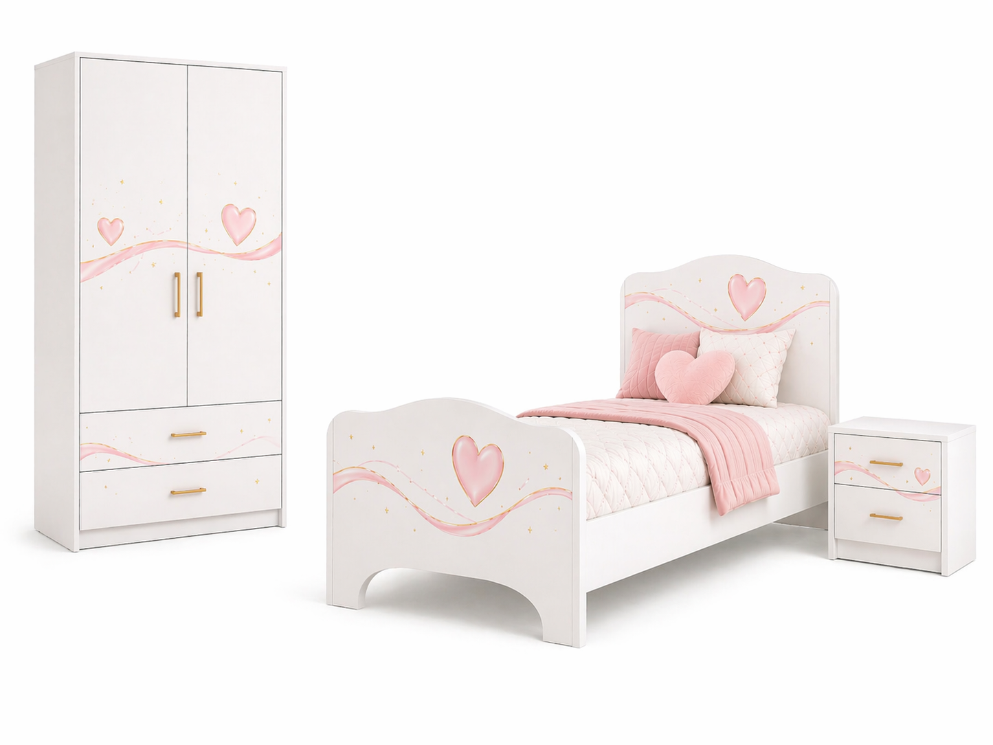Sweet Heart Luxury Room – Cameretta Rosa Cipria Elegante con Letto, Armadio e Comodino per Bambina