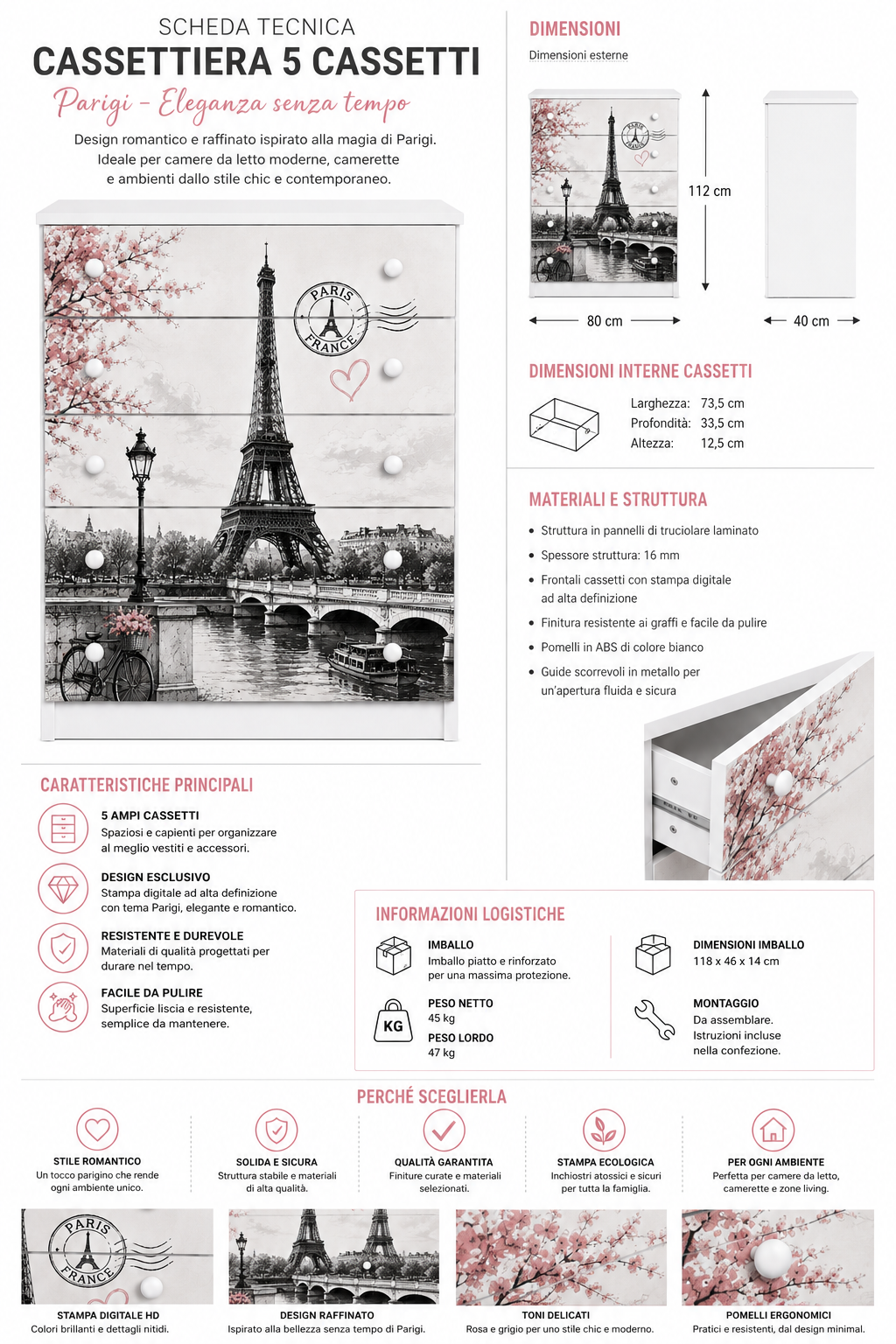 Cassettiera Paris Dream – Design Romantico Moderno con Torre Eiffel