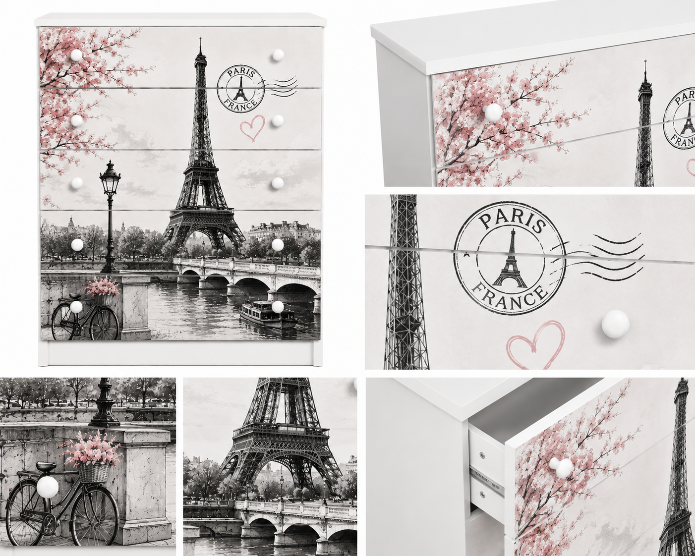 Cassettiera Paris Dream – Design Romantico Moderno con Torre Eiffel
