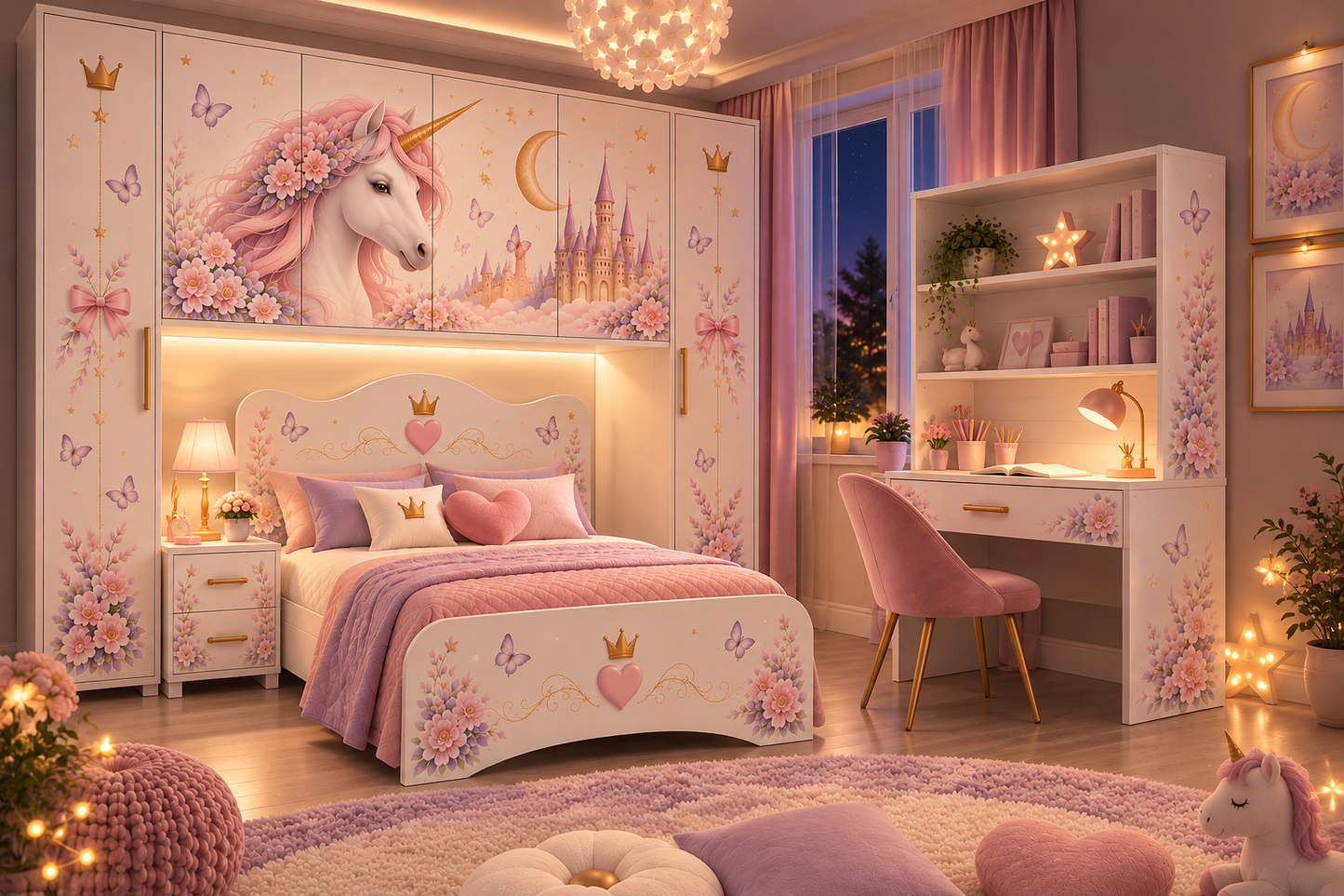 Cameretta a Ponte Unicorn Dream Luxury – Letto 1 Piazza e Mezza, Comodino e Scrivania con Libreria