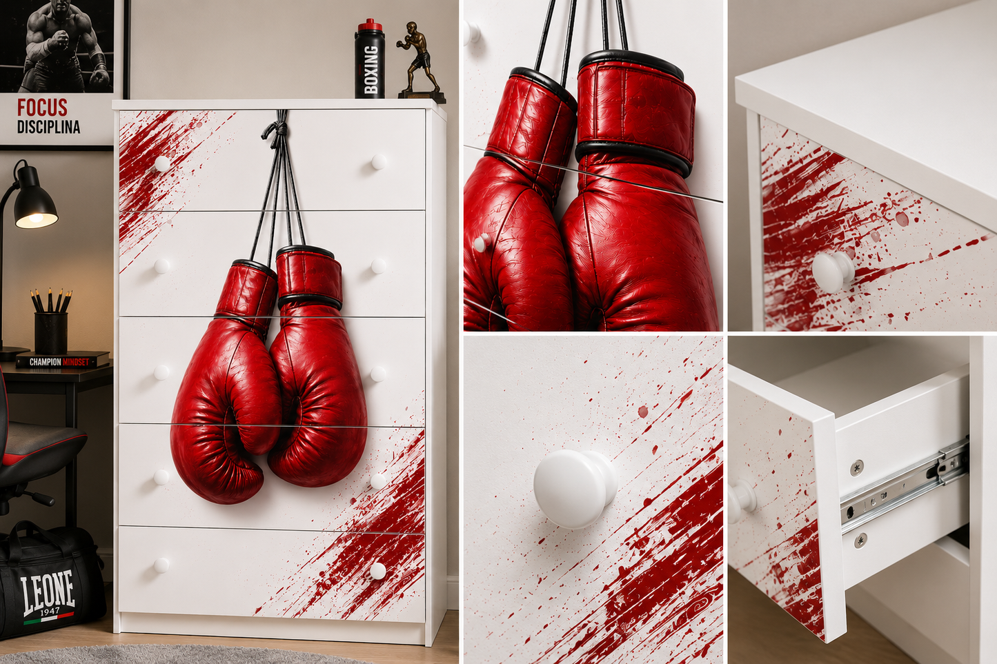 Cassettiera Boxing Power Red – Mobile Cameretta Tema Pugilato Moderno con Guantoni Rossi