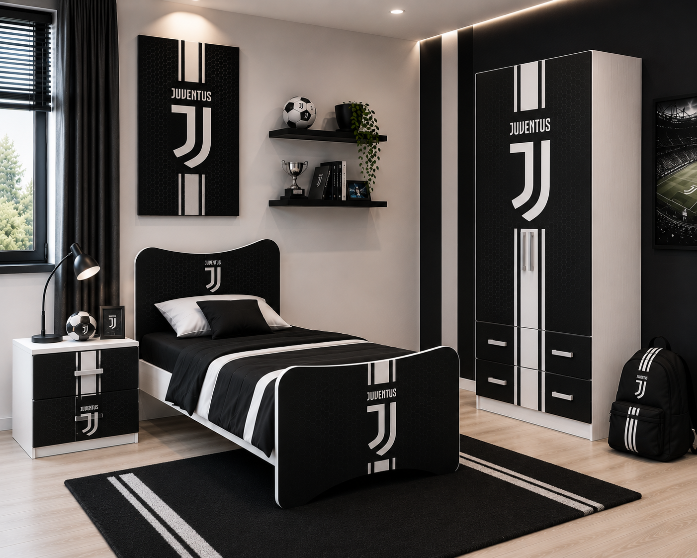 Cameretta Juventus Black Edition – Letto Singolo, Armadio e Comodino