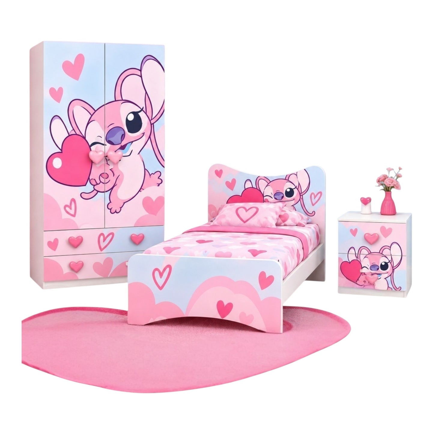 Cameretta completa Angel Heart – Armadio, letto singolo e comodino