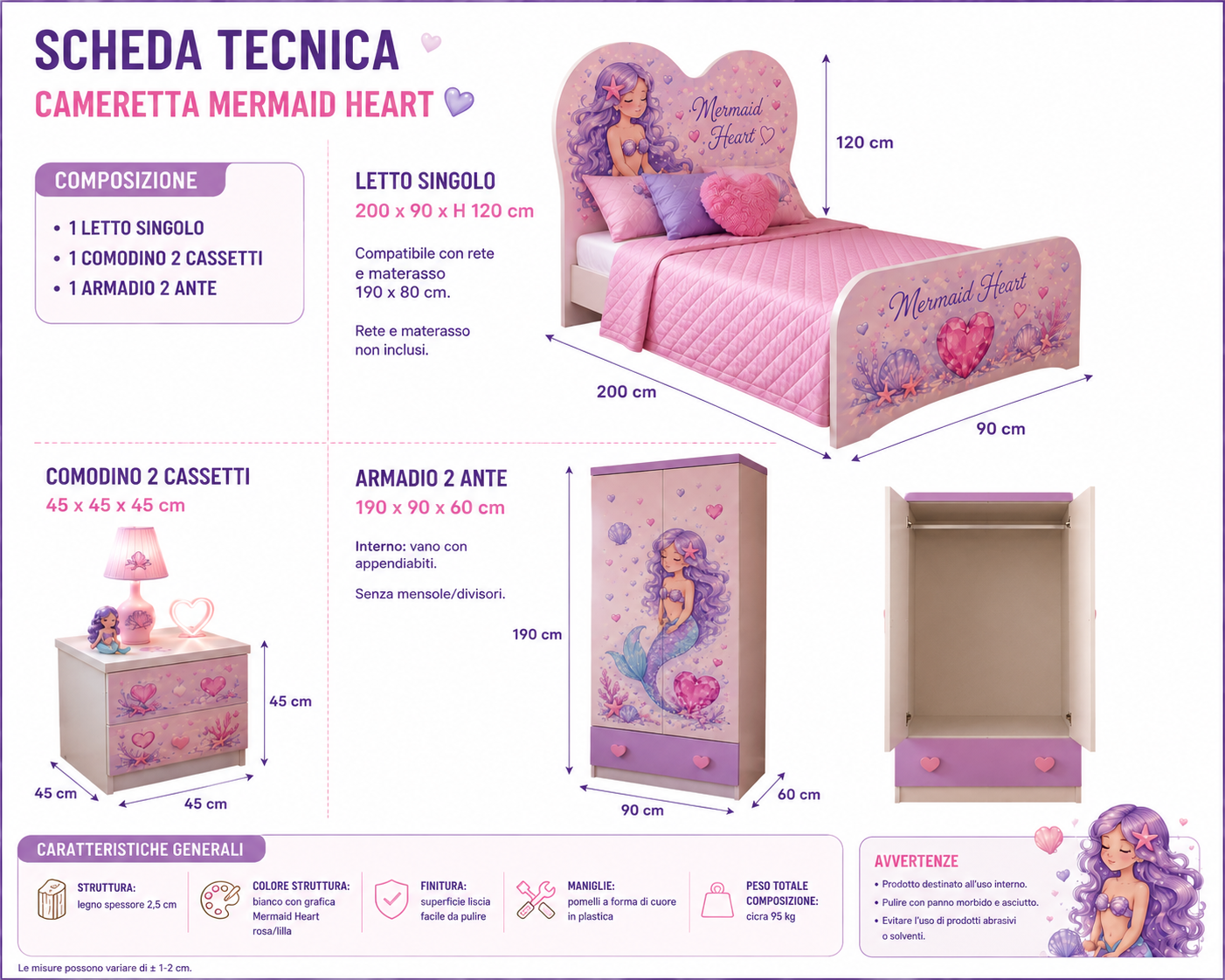 Cameretta Mermaid Heart Dream – Set Camera Completa Sirenetta Rosa Lilla con Letto Cuore