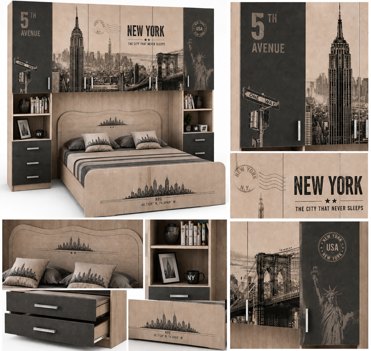 New York Urban Bridge – Armadio Ponte Matrimoniale 295 cm con Letto Moderno NYC in Olmo