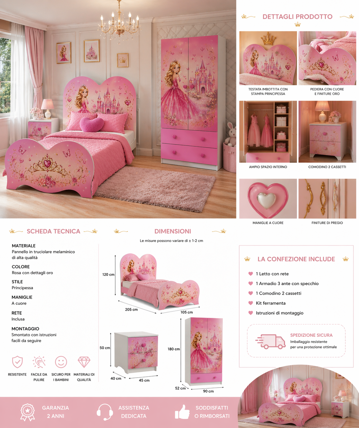 🛍️ Princess Dream 120 – Cameretta Completa Bambina con Letto a Cuore