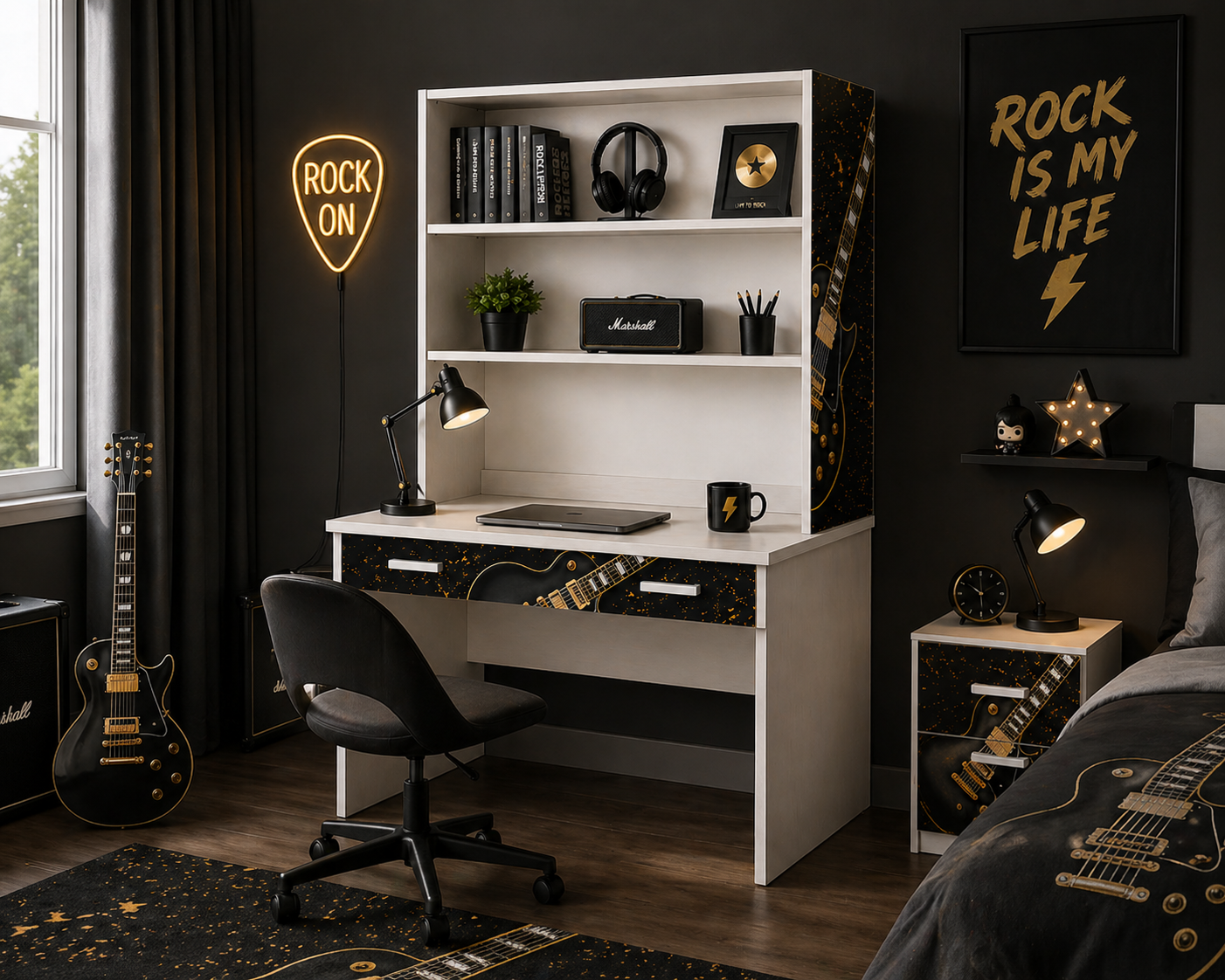 Rock Legend Room – Scrivania con Libreria Tema Chitarra Black & Gold per Cameretta Ragazzi