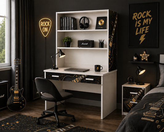 Rock Legend Room – Scrivania con Libreria Tema Chitarra Black & Gold per Cameretta Ragazzi