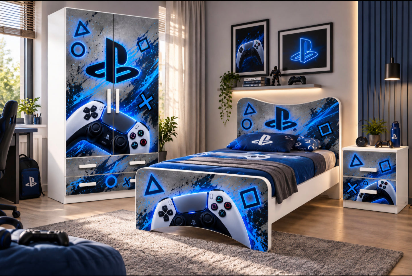 Cameretta PlayStation Gaming – Armadio 2 Ante, Letto Singolo e Comodino | Grigio & Blu