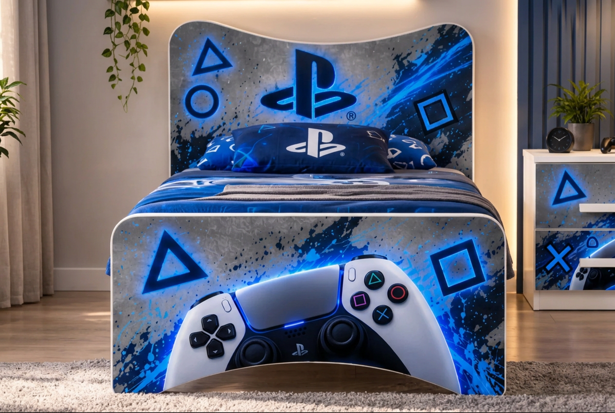 Cameretta PlayStation Gaming – Armadio 2 Ante, Letto Singolo e Comodino | Grigio & Blu